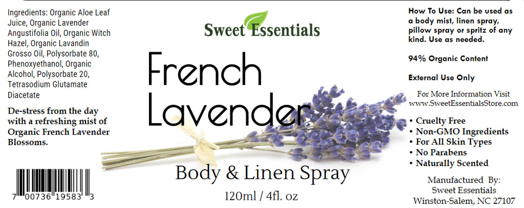 French Lavender Body & Linen Spray - 4oz Glass Spray Bottle - 94% Organic Content - Lavandula Angustifolia Aromatherapy Mist - Safe for Kids and Pets
