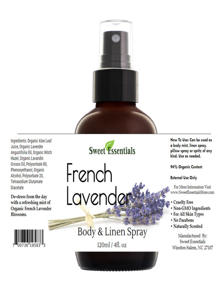 French Lavender Body & Linen Spray - 4oz Glass Spray Bottle - 94% Orga –  Sweet Essentials